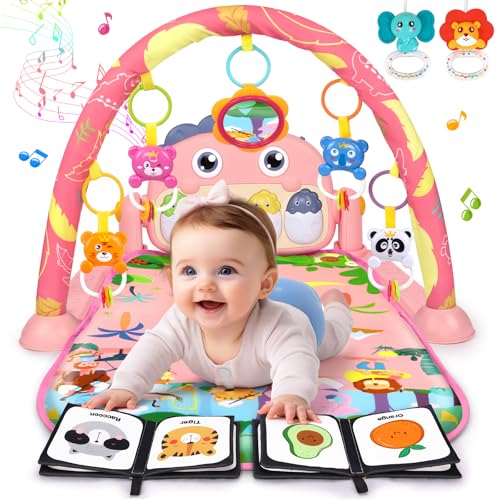 Baby Play Mat Baby Tummy Time Mat Infant Newborn Musical Activity Center with High-Contrast Piano Music & Light Newborn Babies Gift for Girl Boy Babies 0-6 6-12 Month Pink Dinosaur