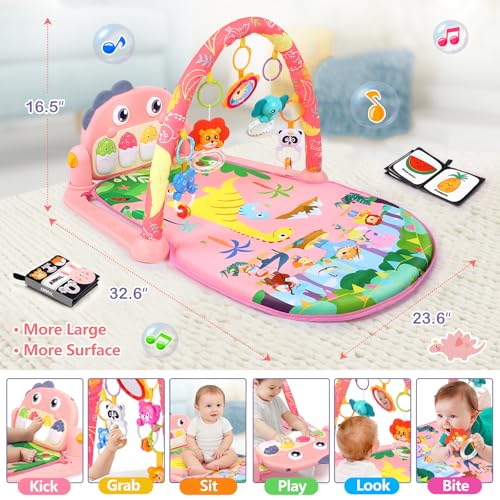Baby Play Mat Baby Tummy Time Mat Infant Newborn Musical Activity Center with High-Contrast Piano Music & Light Newborn Babies Gift for Girl Boy Babies 0-6 6-12 Month Pink Dinosaur