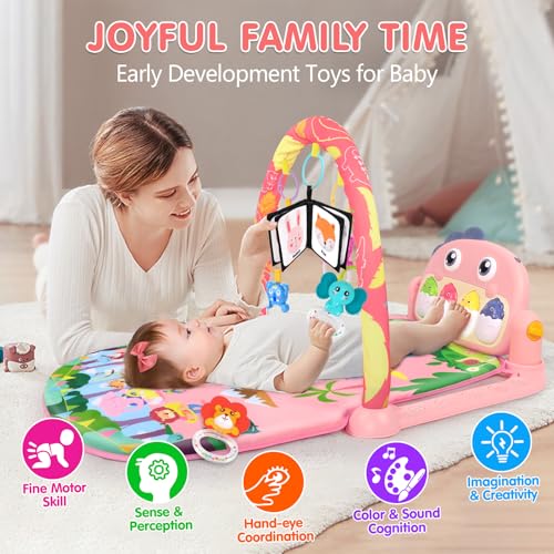 Baby Play Mat Baby Tummy Time Mat Infant Newborn Musical Activity Center with High-Contrast Piano Music & Light Newborn Babies Gift for Girl Boy Babies 0-6 6-12 Month Pink Dinosaur