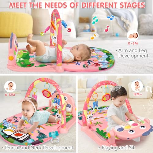 Baby Play Mat Baby Tummy Time Mat Infant Newborn Musical Activity Center with High-Contrast Piano Music & Light Newborn Babies Gift for Girl Boy Babies 0-6 6-12 Month Pink Dinosaur