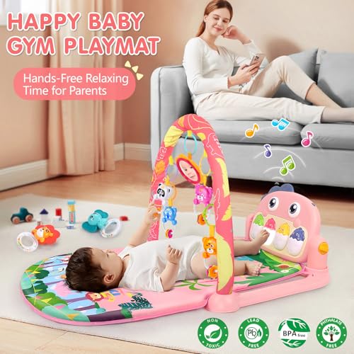 Baby Play Mat Baby Tummy Time Mat Infant Newborn Musical Activity Center with High-Contrast Piano Music & Light Newborn Babies Gift for Girl Boy Babies 0-6 6-12 Month Pink Dinosaur
