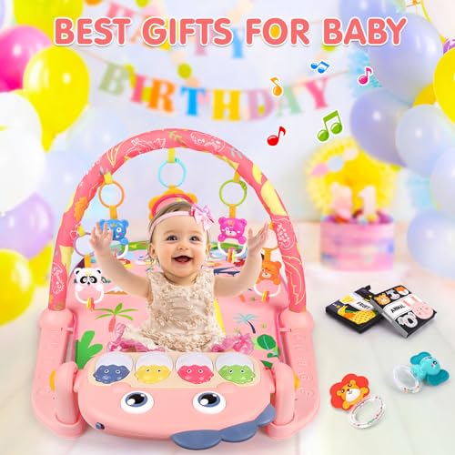 Baby Play Mat Baby Tummy Time Mat Infant Newborn Musical Activity Center with High-Contrast Piano Music & Light Newborn Babies Gift for Girl Boy Babies 0-6 6-12 Month Pink Dinosaur