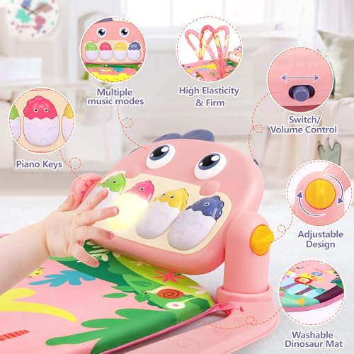 Baby Play Mat Baby Tummy Time Mat Infant Newborn Musical Activity Center with High-Contrast Piano Music & Light Newborn Babies Gift for Girl Boy Babies 0-6 6-12 Month Pink Dinosaur