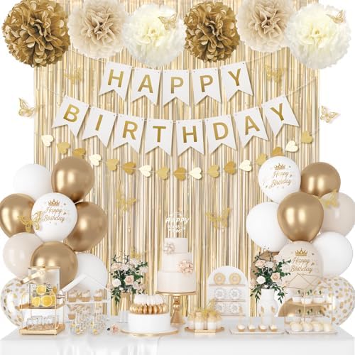 White and Gold Birthday Decorations for Women Girls, Gold White Sand Confetti Metallic Printed Balloon Butterfly Sticker Fringe Curtain Happy Birthday Banner Heart Garland Paper Pompom Party Supplies