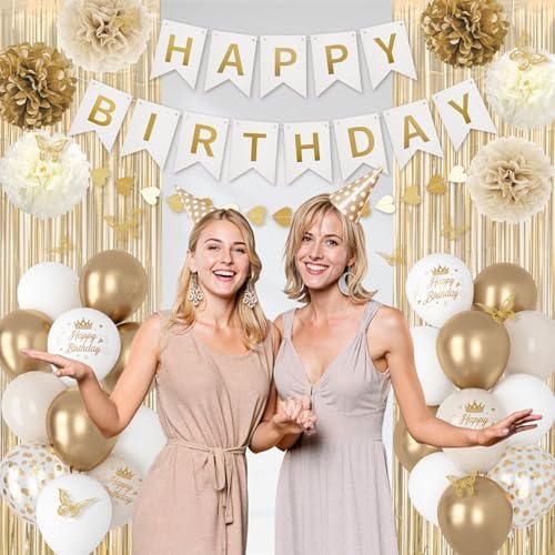 White and Gold Birthday Decorations for Women Girls, Gold White Sand Confetti Metallic Printed Balloon Butterfly Sticker Fringe Curtain Happy Birthday Banner Heart Garland Paper Pompom Party Supplies