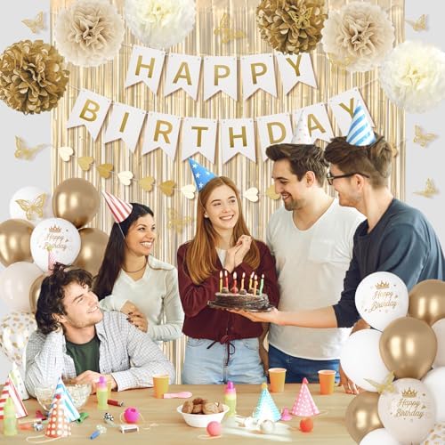 White and Gold Birthday Decorations for Women Girls, Gold White Sand Confetti Metallic Printed Balloon Butterfly Sticker Fringe Curtain Happy Birthday Banner Heart Garland Paper Pompom Party Supplies