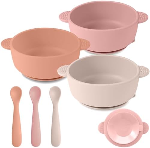 3 Pack Baby Bowls with Suction and 3 Pack Baby Spoons, BPA Free, Silicone Baby Feeding Set for Babies Toddler Kids, Microwave and Dishwasher Safe