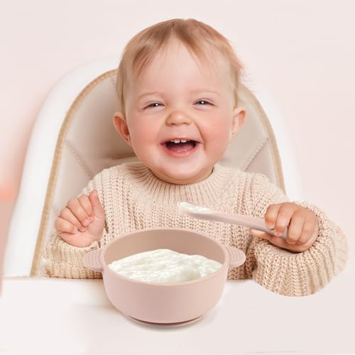 3 Pack Baby Bowls with Suction and 3 Pack Baby Spoons, BPA Free, Silicone Baby Feeding Set for Babies Toddler Kids, Microwave and Dishwasher Safe