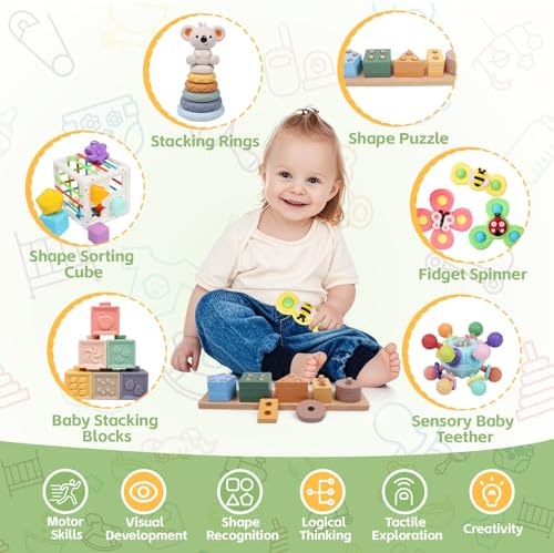 6-in-1 Montessori Baby Toys 0-6 6-12 Months, Infant Teething Toys Soft Stacking Blocks Rings Shape Sorter Sensory Fidget Spinners for Toddler 1-3, First Baby Gift Set for 6 Month Old Girl Boy