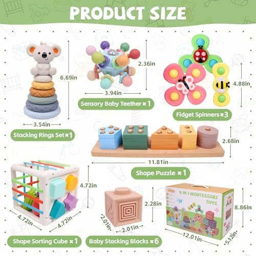 6-in-1 Montessori Baby Toys 0-6 6-12 Months, Infant Teething Toys Soft Stacking Blocks Rings Shape Sorter Sensory Fidget Spinners for Toddler 1-3, First Baby Gift Set for 6 Month Old Girl Boy