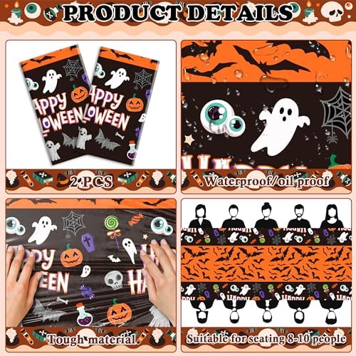 Halloween Decorations - 2 Pack Plastic Tablecloth for Halloween Party Decorations | Skeletons Bats Ghosts Pumpkin Table Decor for Outdoor Indoor Party Favors Supplies Backdrop Banner