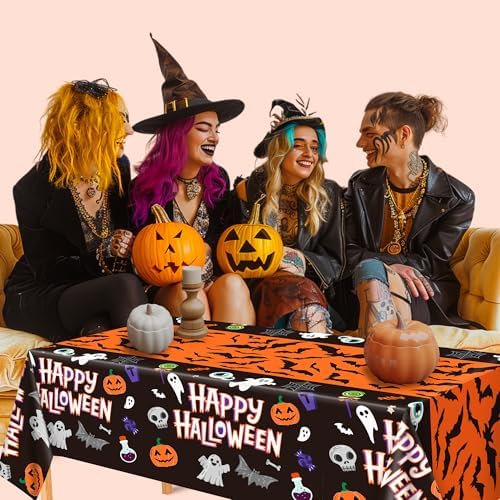 Halloween Decorations - 2 Pack Plastic Tablecloth for Halloween Party Decorations | Skeletons Bats Ghosts Pumpkin Table Decor for Outdoor Indoor Party Favors Supplies Backdrop Banner