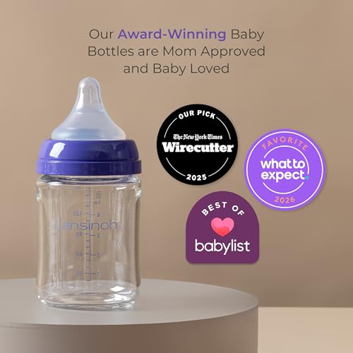 Glass Baby Bottles, Anti-Colic, 8 Ounces, 4 Count Bottles for Feeding, Baby Essentials, Includes 4 Medium Flow Nipples, Size M