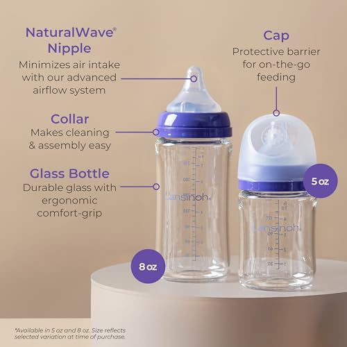 Glass Baby Bottles, Anti-Colic, 8 Ounces, 4 Count Bottles for Feeding, Baby Essentials, Includes 4 Medium Flow Nipples, Size M