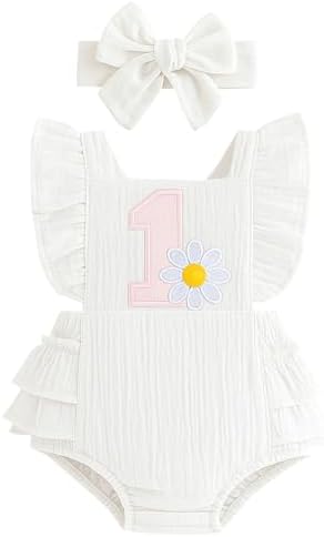 Baby Girl First Birthday Outfit 1st Birthday Sweet Cotton Romper With Headband Cake Smash Photo Shoot Clothes