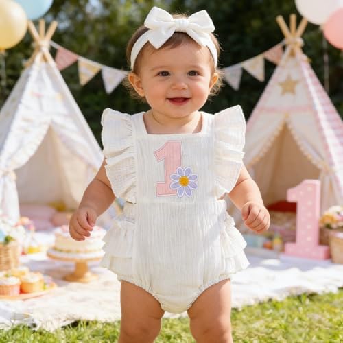 Baby Girl First Birthday Outfit 1st Birthday Sweet Cotton Romper With Headband Cake Smash Photo Shoot Clothes