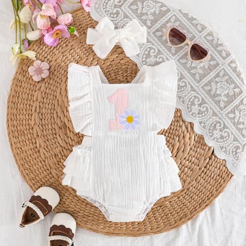 Baby Girl First Birthday Outfit 1st Birthday Sweet Cotton Romper With Headband Cake Smash Photo Shoot Clothes