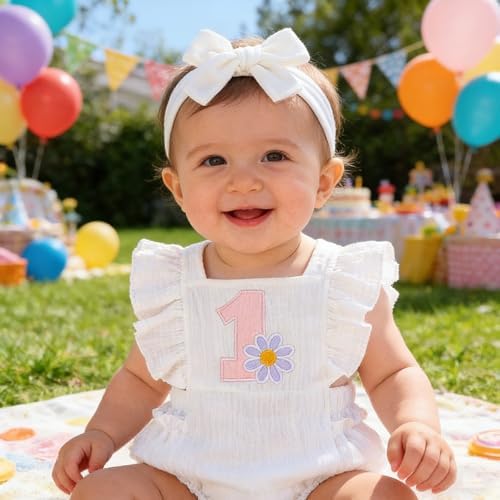 Baby Girl First Birthday Outfit 1st Birthday Sweet Cotton Romper With Headband Cake Smash Photo Shoot Clothes