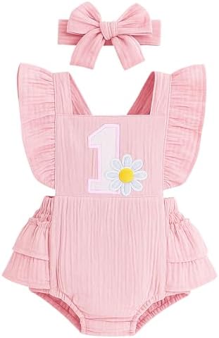 Baby Girl First Birthday Outfit 1st Birthday Sweet Cotton Romper With Headband Cake Smash Photo Shoot Clothes