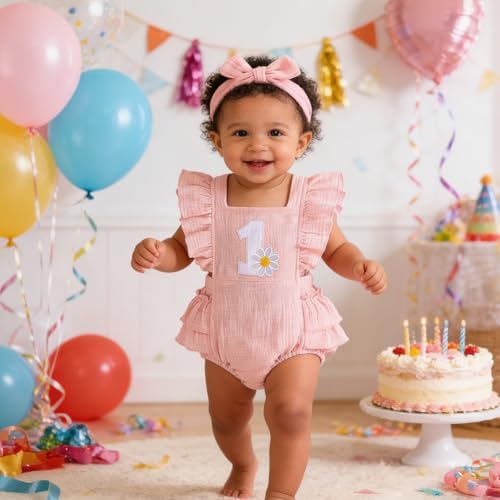 Baby Girl First Birthday Outfit 1st Birthday Sweet Cotton Romper With Headband Cake Smash Photo Shoot Clothes