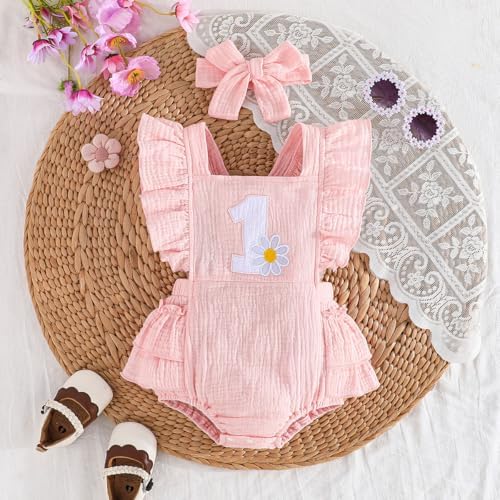 Baby Girl First Birthday Outfit 1st Birthday Sweet Cotton Romper With Headband Cake Smash Photo Shoot Clothes