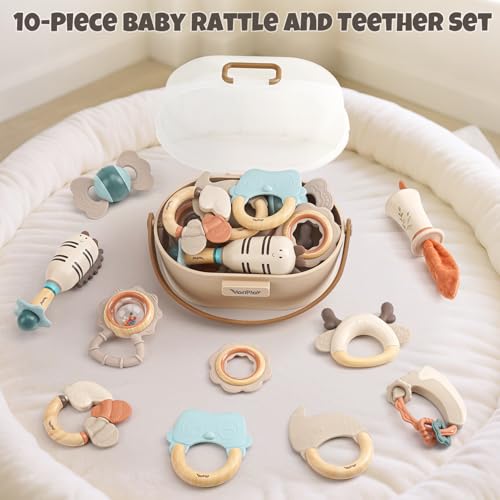 Baby Rattles & Teethers Set – Baby Toys 0-6 Months, Teething Toys 3-6 Months, Sensory Toys with Soft Textures, Gentle Sounds & Easy-Grip Shape, Neutral Newborn Gift（10-Pack）