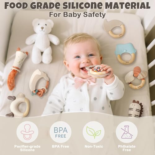 Baby Rattles & Teethers Set – Baby Toys 0-6 Months, Teething Toys 3-6 Months, Sensory Toys with Soft Textures, Gentle Sounds & Easy-Grip Shape, Neutral Newborn Gift（10-Pack）