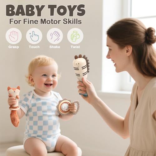 Baby Rattles & Teethers Set – Baby Toys 0-6 Months, Teething Toys 3-6 Months, Sensory Toys with Soft Textures, Gentle Sounds & Easy-Grip Shape, Neutral Newborn Gift（10-Pack）