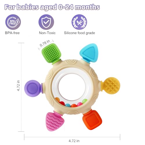 Baby Teething Rings Toys for 0-6 6-12 Months Baby Rattle Teether Sensory Toys for Babies 0-24Months Silicone Teether Relief Chew Soothing Sore Gums for Newborn Infant Essentials BPA Free