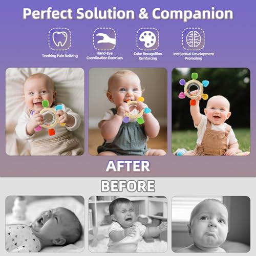 Baby Teething Rings Toys for 0-6 6-12 Months Baby Rattle Teether Sensory Toys for Babies 0-24Months Silicone Teether Relief Chew Soothing Sore Gums for Newborn Infant Essentials BPA Free