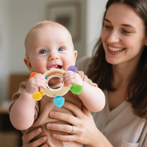 Baby Teething Rings Toys for 0-6 6-12 Months Baby Rattle Teether Sensory Toys for Babies 0-24Months Silicone Teether Relief Chew Soothing Sore Gums for Newborn Infant Essentials BPA Free