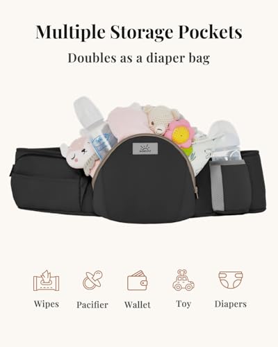 StowNGO Pro Baby Carrier, Safety-Certified 6-in-1 Ultra Storage Baby Carrier Newborn to Toddler, Front & Back Baby Holder Carrier with Hip Seat, Pure Black