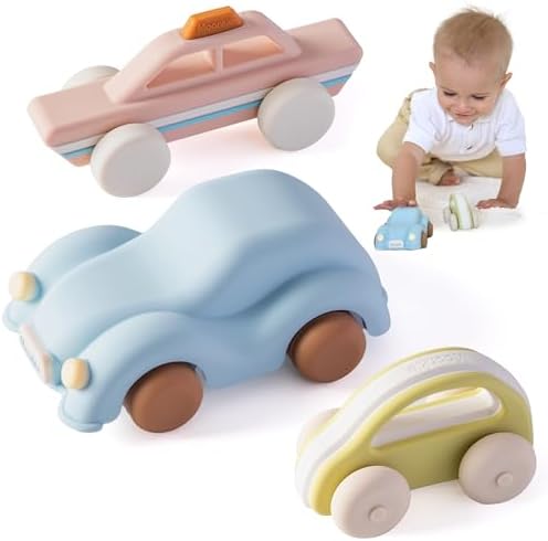Food Grade Silicone Toy Cars for Babies & Toddlers, Push and Go Baby Car Toys 6–12 Months, Hollow Design Infant Toys, Baby Teething Toys 4–6 Months, Birthday Gifts for Boys & Girls, 3 Pack