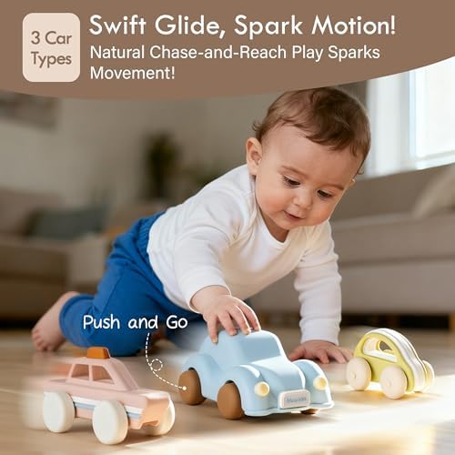 Food Grade Silicone Toy Cars for Babies & Toddlers, Push and Go Baby Car Toys 6–12 Months, Hollow Design Infant Toys, Baby Teething Toys 4–6 Months, Birthday Gifts for Boys & Girls, 3 Pack