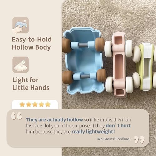 Food Grade Silicone Toy Cars for Babies & Toddlers, Push and Go Baby Car Toys 6–12 Months, Hollow Design Infant Toys, Baby Teething Toys 4–6 Months, Birthday Gifts for Boys & Girls, 3 Pack