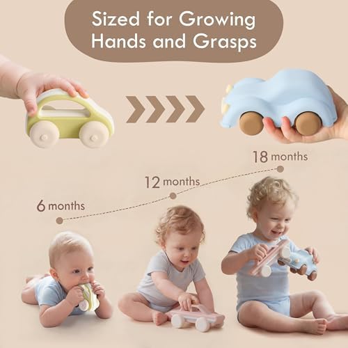 Food Grade Silicone Toy Cars for Babies & Toddlers, Push and Go Baby Car Toys 6–12 Months, Hollow Design Infant Toys, Baby Teething Toys 4–6 Months, Birthday Gifts for Boys & Girls, 3 Pack