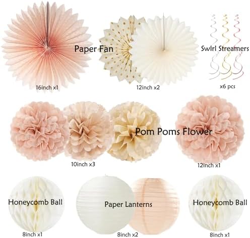 Gold Beige Fall Boho Birthday Party Decorations 62pcs Happy Birthday Banner, Peach White Paper Lanterns, Streamers, Tissue Pom Poms, Blush Beige Boho Party Balloons, Rustic Backdrop Decor