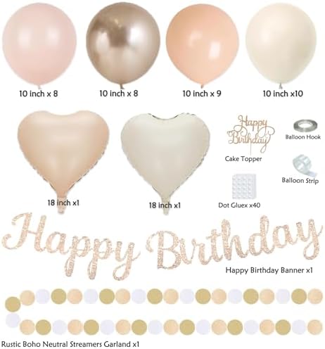 Gold Beige Fall Boho Birthday Party Decorations 62pcs Happy Birthday Banner, Peach White Paper Lanterns, Streamers, Tissue Pom Poms, Blush Beige Boho Party Balloons, Rustic Backdrop Decor