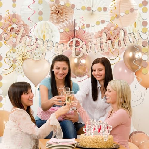 Gold Beige Fall Boho Birthday Party Decorations 62pcs Happy Birthday Banner, Peach White Paper Lanterns, Streamers, Tissue Pom Poms, Blush Beige Boho Party Balloons, Rustic Backdrop Decor