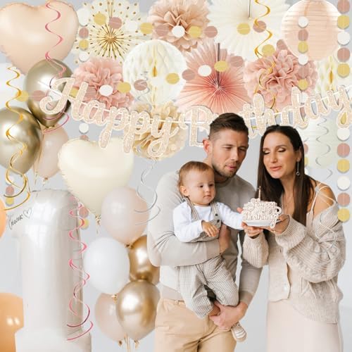 Gold Beige Fall Boho Birthday Party Decorations 62pcs Happy Birthday Banner, Peach White Paper Lanterns, Streamers, Tissue Pom Poms, Blush Beige Boho Party Balloons, Rustic Backdrop Decor