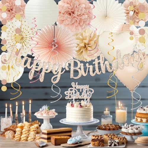 Gold Beige Fall Boho Birthday Party Decorations 62pcs Happy Birthday Banner, Peach White Paper Lanterns, Streamers, Tissue Pom Poms, Blush Beige Boho Party Balloons, Rustic Backdrop Decor