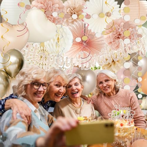 Gold Beige Fall Boho Birthday Party Decorations 62pcs Happy Birthday Banner, Peach White Paper Lanterns, Streamers, Tissue Pom Poms, Blush Beige Boho Party Balloons, Rustic Backdrop Decor