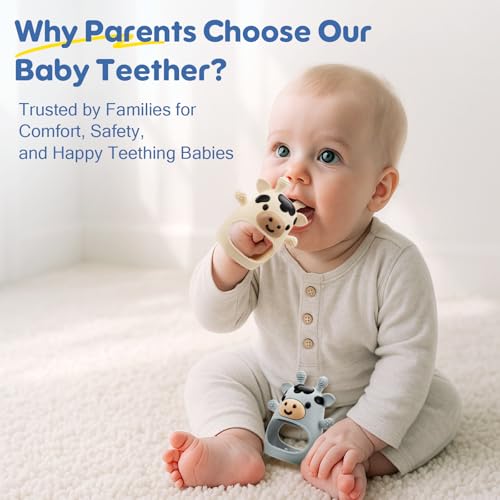 2 Packs Baby Teething Toys for 0-6 6-12 Months, Food Grade Silicone Adjustable Cow Teething Mitten, Chew Teether Toys for Teething Pain Relief, Baby and New Born Essentials, Blue & White