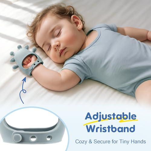 2 Packs Baby Teething Toys for 0-6 6-12 Months, Food Grade Silicone Adjustable Cow Teething Mitten, Chew Teether Toys for Teething Pain Relief, Baby and New Born Essentials, Blue & White