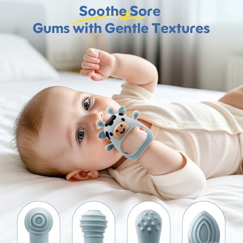2 Packs Baby Teething Toys for 0-6 6-12 Months, Food Grade Silicone Adjustable Cow Teething Mitten, Chew Teether Toys for Teething Pain Relief, Baby and New Born Essentials, Blue & White