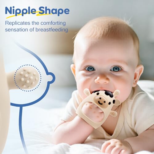 2 Packs Baby Teething Toys for 0-6 6-12 Months, Food Grade Silicone Adjustable Cow Teething Mitten, Chew Teether Toys for Teething Pain Relief, Baby and New Born Essentials, Blue & White