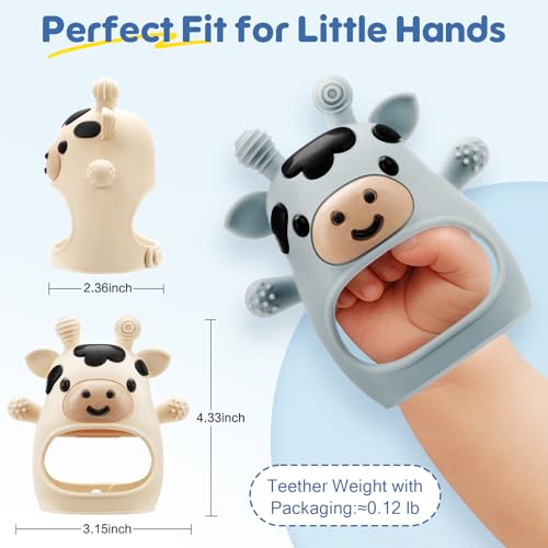 2 Packs Baby Teething Toys for 0-6 6-12 Months, Food Grade Silicone Adjustable Cow Teething Mitten, Chew Teether Toys for Teething Pain Relief, Baby and New Born Essentials, Blue & White