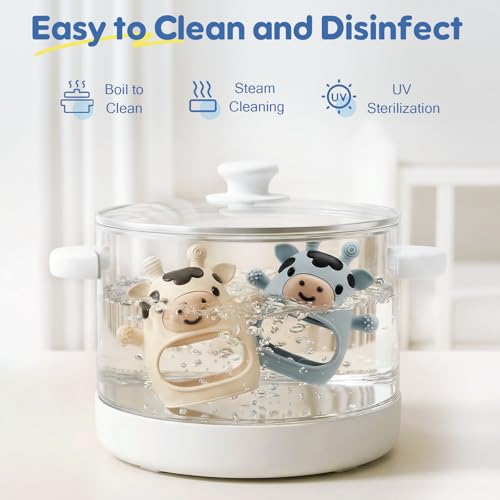 2 Packs Baby Teething Toys for 0-6 6-12 Months, Food Grade Silicone Adjustable Cow Teething Mitten, Chew Teether Toys for Teething Pain Relief, Baby and New Born Essentials, Blue & White