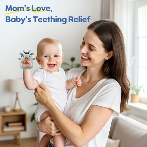 2 Packs Baby Teething Toys for 0-6 6-12 Months, Food Grade Silicone Adjustable Cow Teething Mitten, Chew Teether Toys for Teething Pain Relief, Baby and New Born Essentials, Blue & White