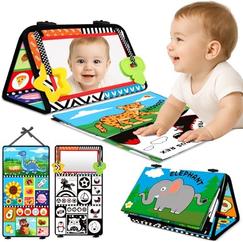 Tummy Time Toys - Black and White High Contrast Baby Toys for Newborn - Baby Mirror with Cloth Book - Montessori Infant Sensory Crinkle Toy 0 2 3 4 5 0-6 6-12 Months Boy Girl Shower Gifts